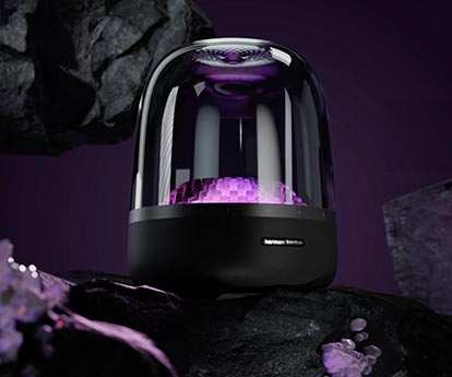 ハーマンカードンHarman/Kardon AURA Studio紫60sレトロ ハーマンカードンの新作スピーカーで上質なサウンドと幻想的な空間も